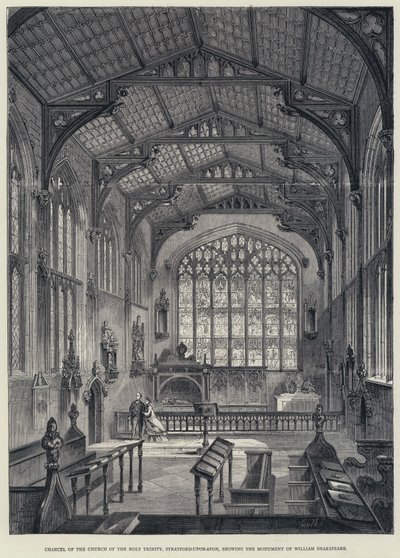 Chancell of the Church of the Holy Trinity, Stratford-upon-Avon, som viser monumentet til William Shakspeare (gravering) av English School