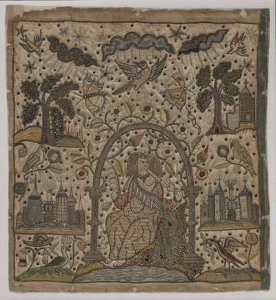 Veldedighet under en bue, ca. 1640 (silke, metalltråder og spangles på sateng) av English School
