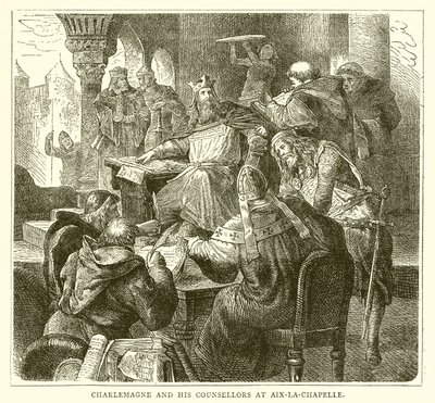 Charlemagne og hans rådgivere i Aix-la-Chapelle av English School