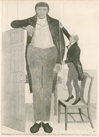 Charles Byrne, alias OBrien the Irish Giant, den høyeste mannen i den kjente verden er nesten ni fot høy av English School