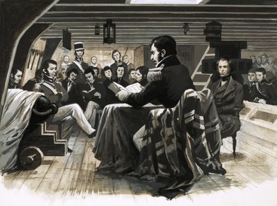 Charles Darwin seiler mot Galapagosøyene av English School