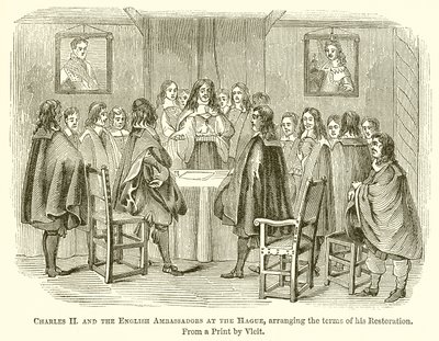 Charles II og de engelske ambassadørene i Haag, og ordnet vilkårene for hans restaurering av English School