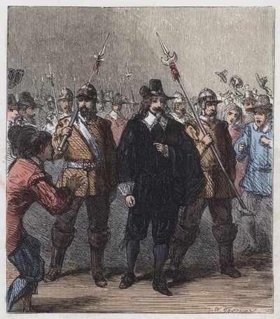 Charles I, ført til fengsel (farget gravering) av English School