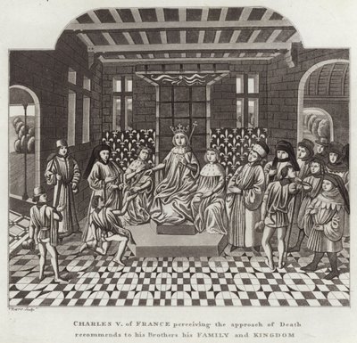 Charles V fra Frankrike som oppfatter dødens tilnærming anbefaler sine brødre sin familie og rike av English School