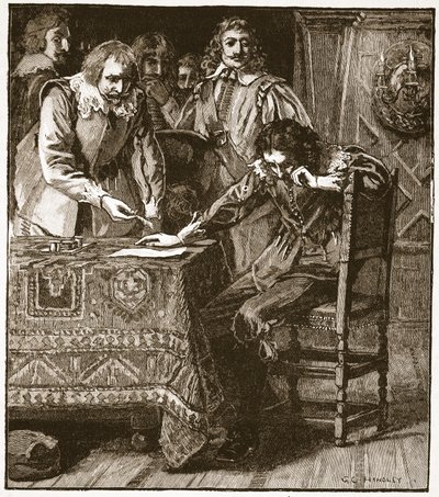 Charles signerer kommisjonen for samtykke til Straffords Attainder, illustrasjon fra Cassells Illustrated History of England (sepia-foto) av English School
