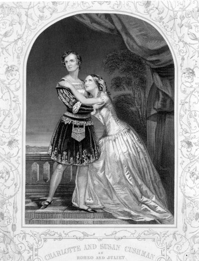 Charlotte og Susan Cushman som Romeo and Juliet, Act III Scene 5 av Romeo and Juliet, fra en daguerreotypi, pub. av John Tallis & Co. av English School