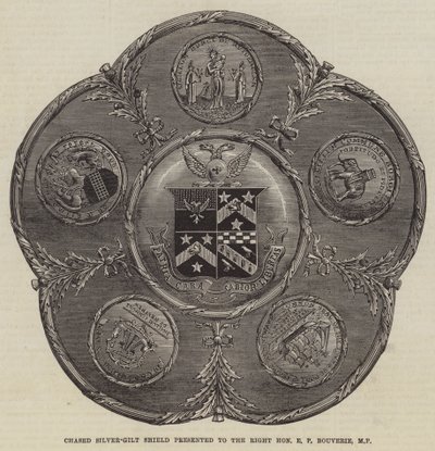 Chased Silver-Gilt Shield presentert til høyre ærede E P Bouverie, MP (gravering) av English School