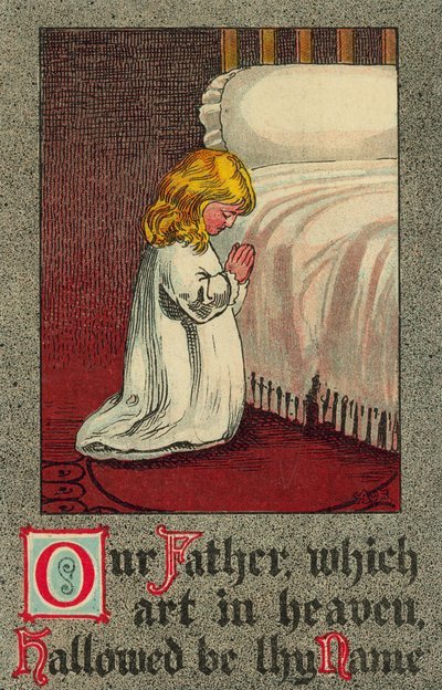 Barn ved leggetid resiser Herrens bønn (farge litho) av English School