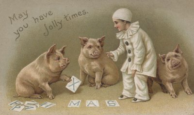 Barn i en Pierrot-kostyme med tre griser, julekort (chromolitho) av English School
