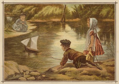 Barn lanserer en modellyacht (farge litho) av English School