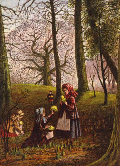 Barn plukker blomster i skogen (fargelitografi) av English School