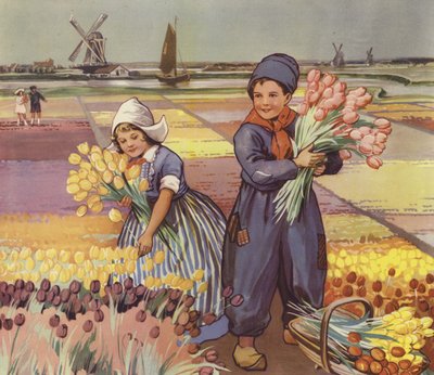 Barn plukker tulipaner i Holland (fargelitografi) av English School