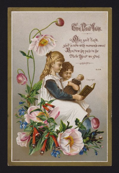 Barn som leser en bok, nyttårshilsenkort, slutten av 1800-tallet eller begynnelsen av 1900-tallet (chromolitho) av English School