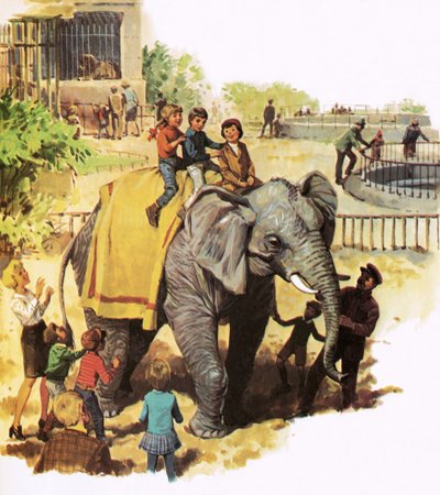 Barn som rir Jumbo i London Zoo av English School