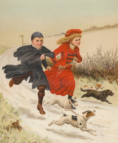 Barn løper med hunder langs en snødekt vei (chromolitho) av English School