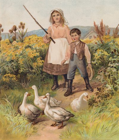 Barn med gjess (chromolitho) av English School