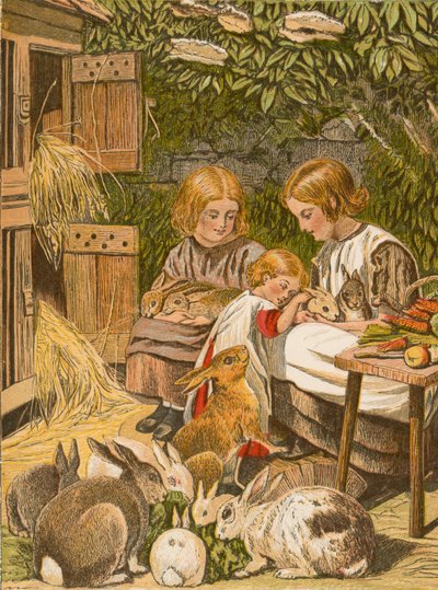 Barn med kjælekaninene sine (fargelitografi) av English School