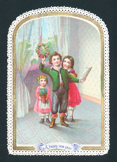 Barn med krans og blomster, nyttårskort av English School