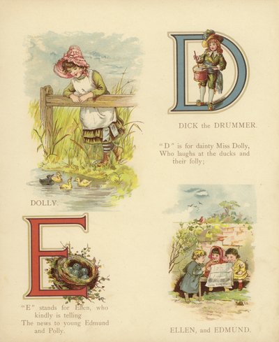 Barnenavn: Dick the Drummer, Dolly, Ellen, Edmund (fargelitografi) av English School