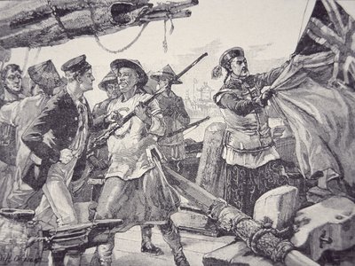 Kinesere går ombord på det britiske skipet 'Arrow', river ned det britiske flagget og tar mannskapet til fange under opiumskrigene, 8. oktober av English School