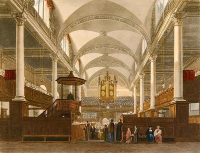 Christ Church, Newgate Street, ca. 1810 (litho-farge) av English School