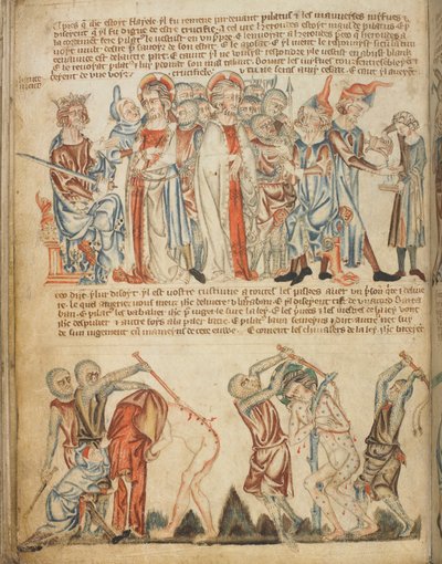 Kristus før Herodes og før Pilatus; Herodes vasker hendene sine; Kristi flagellasjon, Add. 47682, f.30v, ca. 1320-30 (vellum) av English School