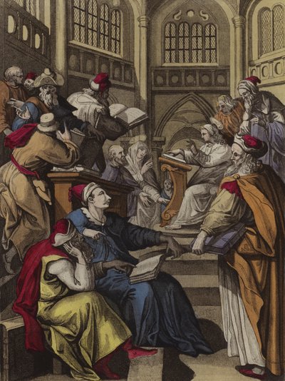 Kristus spør legene (farge litho) av English School