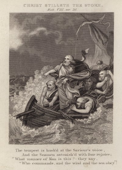 Kristus stiller stormen, Matteus VIII, ver 26 (gravering) av English School