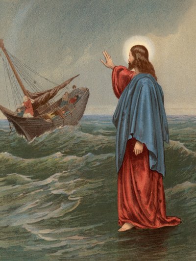 Kristus går på havet, St John, VI, 20 (farge litho) av English School