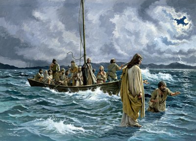 Kristus vandrer på Galileasjøen (gouache på papir) av English School