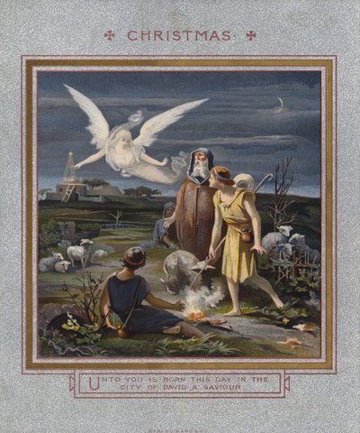 Julekort: Gjetere varslet om Jesu fødsel mens de gjette flokkene sine om natten (chromolitho) av English School