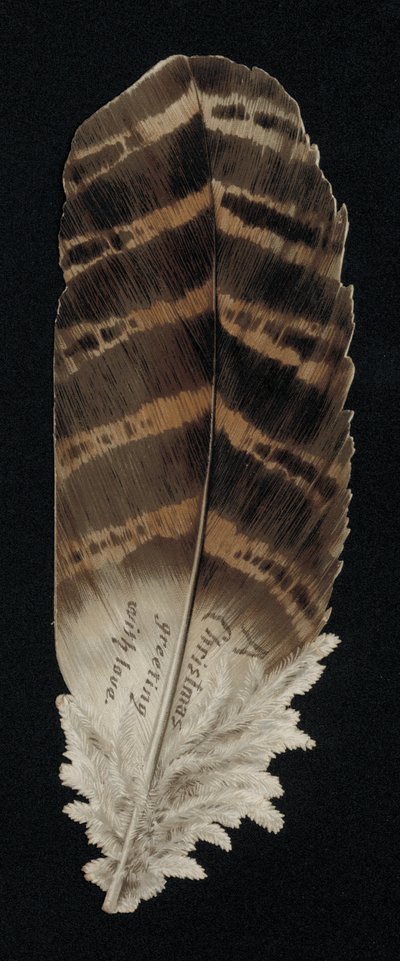 Julekort i form av en fjær, gratulasjonskort. (chromolitho) av English School