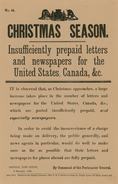 Juleportomelding etter kommando fra generalpostmesteren, 9. desember 1890 av English School