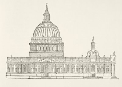 Christopher Wrens første design for den nye St. Pauls Cathedral etter den store brannen i London, fra The National and Domestic History of England av William Hickman Smith Aubrey (1858-1916) publisert L av English School