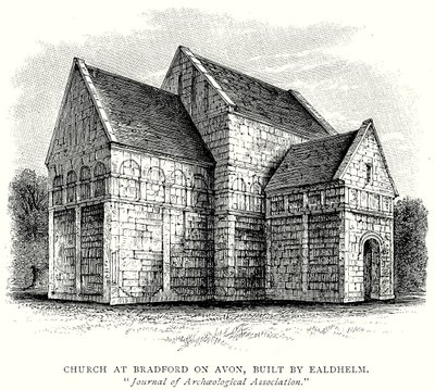 Kirken i Bradford on Avon, bygget av Ealdhelm (gravering) av English School
