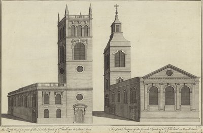 Church of Allhallows i Bread Street og Church of St Michael i Wood Street, London av English School
