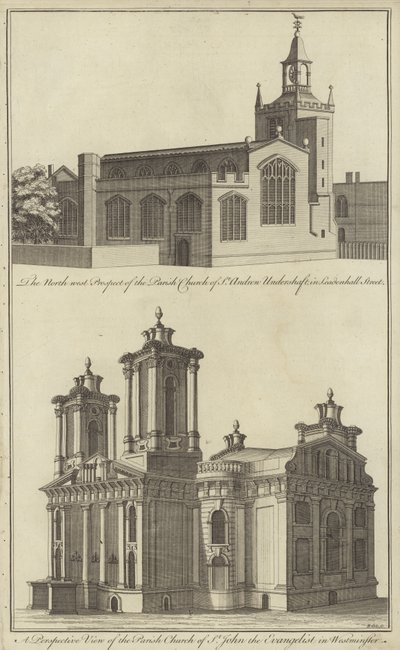Church of St Andrew Undershaft i Leadenhall Street og Church of St John the Evangelist i Westminster, London av English School