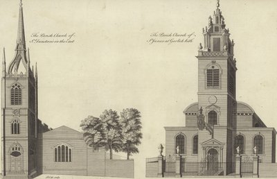 Church of St Dunstan i øst og Church of St James Garlickhythe, London av English School