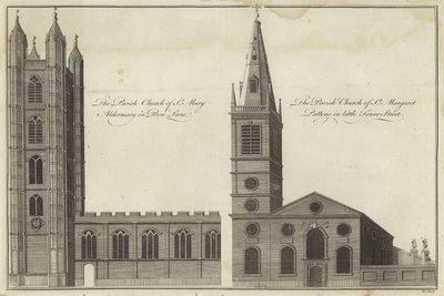 Church of St Mary Aldermary i Bow Lane og Church of St Margaret Pattens i Little Tower Street, London av English School