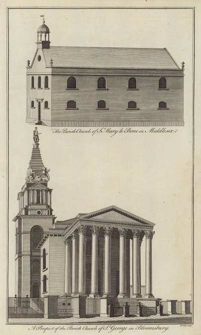 Church of St Marylebone i Middlesex og Church of St George i Bloomsbury, London av English School