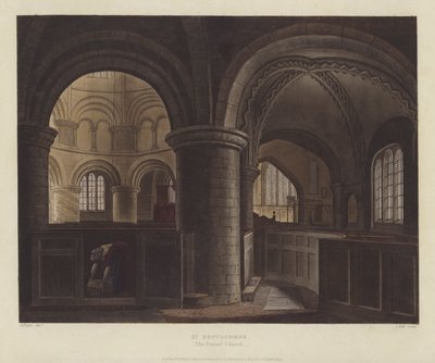 Church of the Holy Sepulcher (Rundkirken), Cambridge (farget gravering) av English School