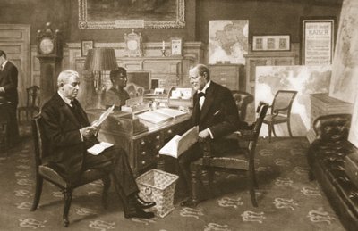 Churchill og Fisher på jobb: First Lord på rommet sitt på Admiralty with the First Sea Lord, fra The Illustrated War News, 1915 av English School