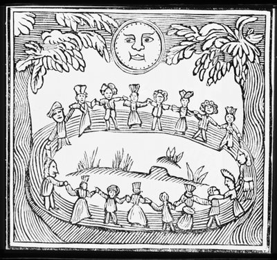 Circle of Witches Dancing Beneath a Full Moon, illustrasjon fra en samling kapittelbøker om esoterica av English School