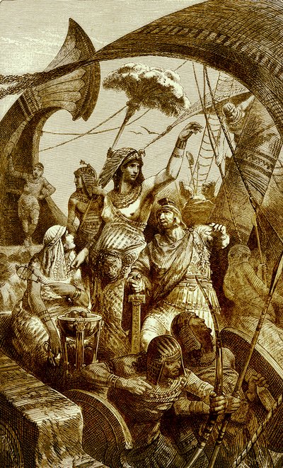 Cleopatra at the Battle of Actium, illustrasjon fra The Illustrated History of the World, publisert ca. 1880 (digitalt forbedret bilde) Cleopatra VII (69-30 f.Kr.), siste farao i det gamle Egypt; Kamp o av English School