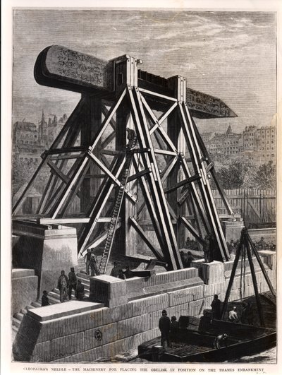 Cleopatras Needle: The Machinery for Placering Obelisken i posisjon på Thames Embankment, 1878 av English School