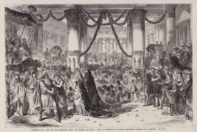 Avslutningsscene av akt I av Karl Goldmarks opera Die Konigin von Saba (Dronningen av Saba), fremført på Leipziger Stadttheater, Tyskland (gravering) av English School