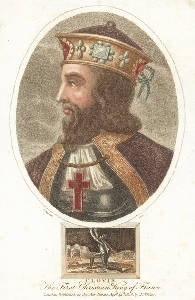 Clovis I, første kristne konge av frankerne (farget gravering) av English School
