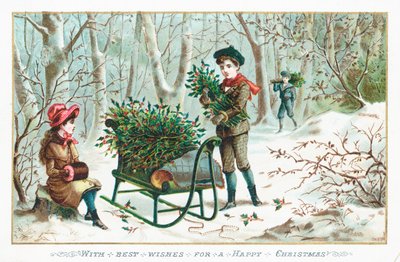 Samler kristtorn i skogen, julekort av English School