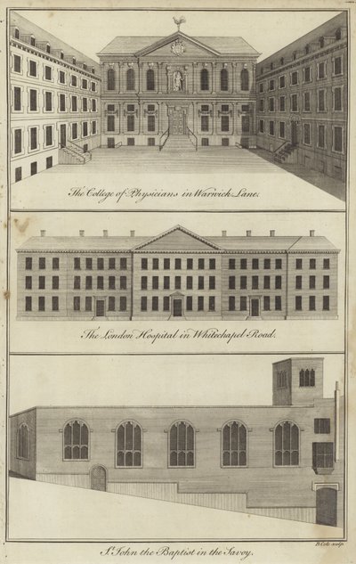 College of Physicians i Warwick Lane, London Hospital i Whitechapel Road og Church of St John the Baptist i Savoy, London av English School