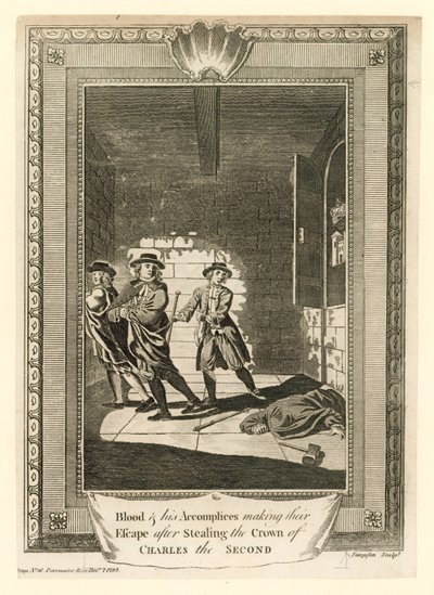 Oberst Blood og hans medskyldige rømte etter å ha stjålet kronen til kong Charles II av English School